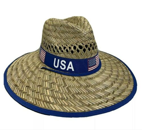 USA Blue Print Straw Hat / Sun Hat / Wide Brim Summer Lifeguard / Beach Outdoor Travel Hat