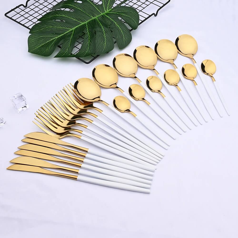 24 PC Classic  Gold Cutlery w/ White Handle Set