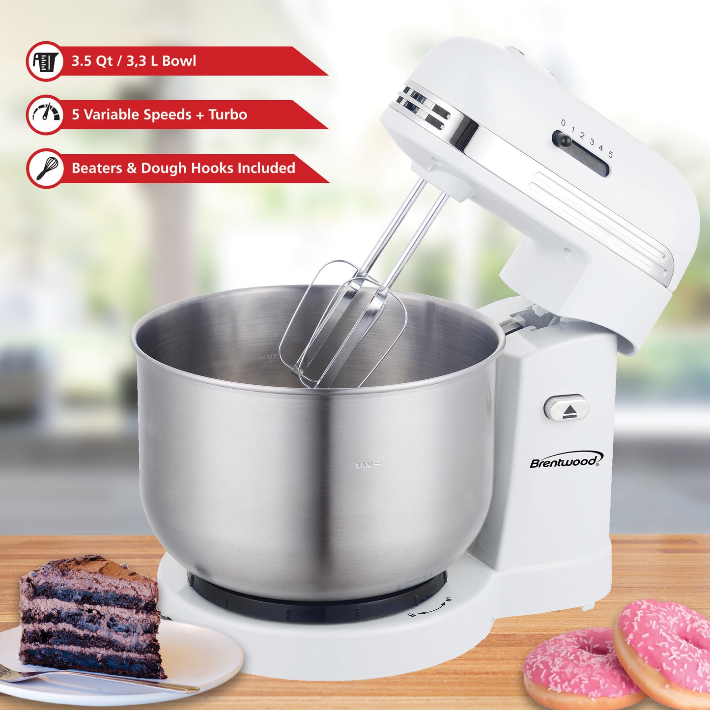 Brentwood 3.5 QT 5-Speed Stand Mixer with Stainless Steel Mixing Bowl
