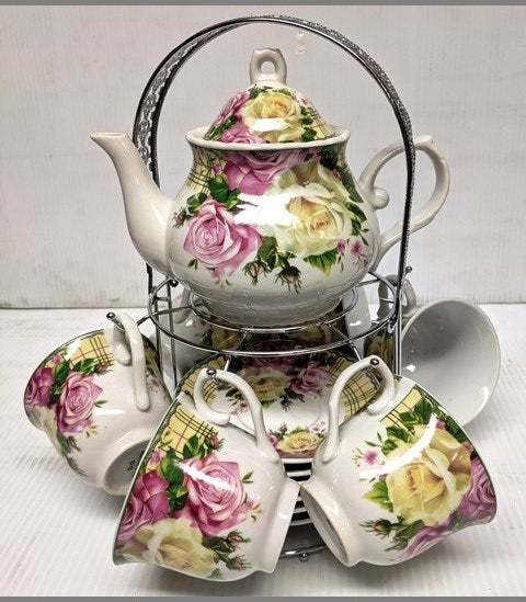 15 PC Pink And Yellow Roses Tea Set